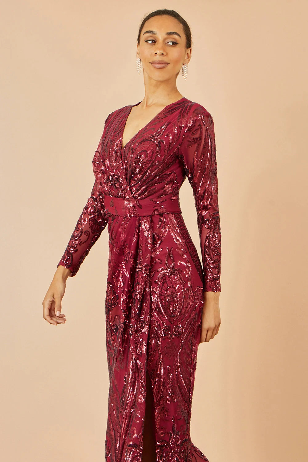 Yumi Red Sequin Midi Wrap Dress with Split Hemline and Long Sleeves