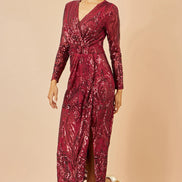 Yumi Red Sequin Midi Wrap Dress with Split Hemline and Long Sleeves