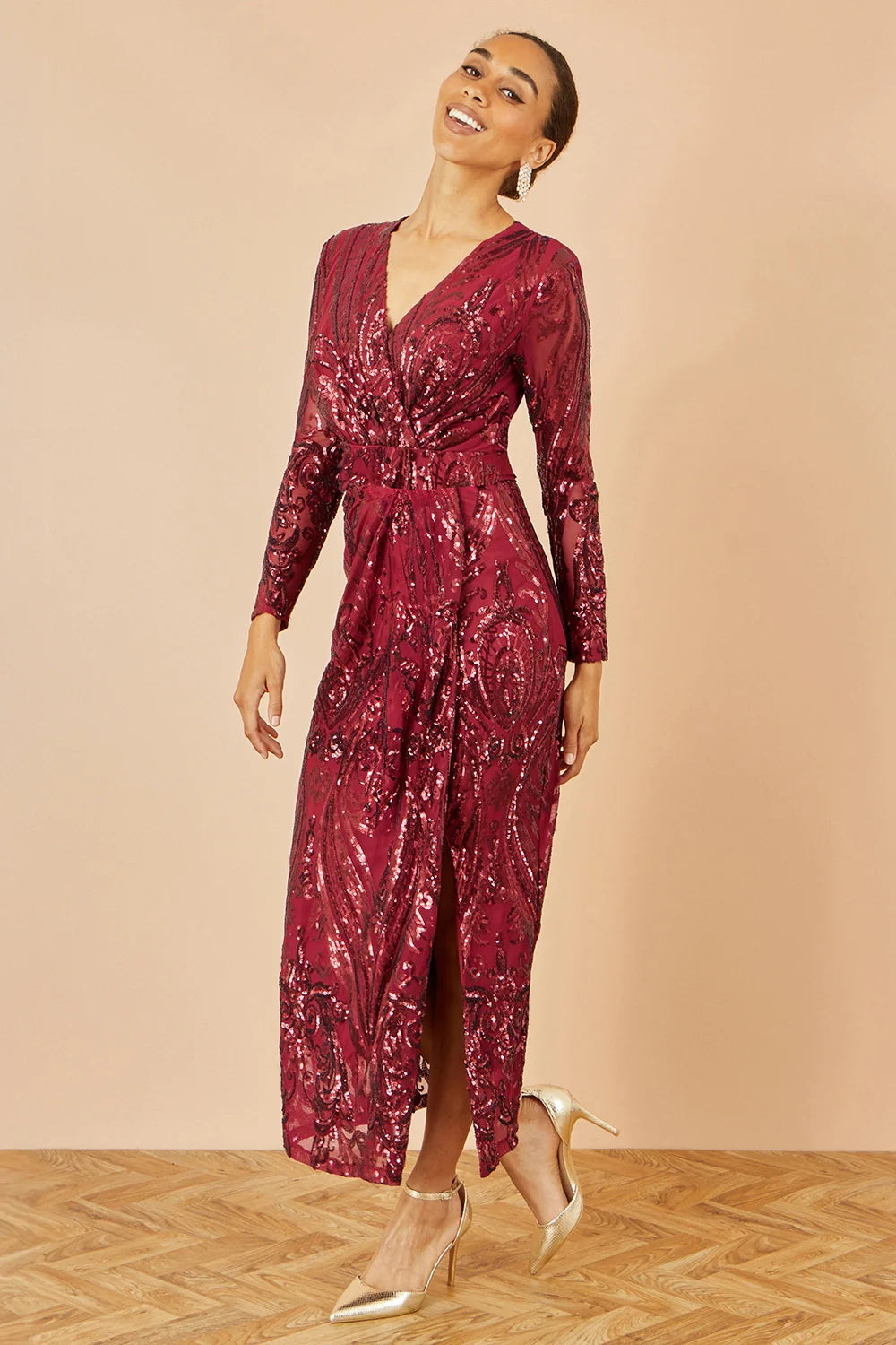 Yumi Red Sequin Midi Wrap Dress with Split Hemline and Long Sleeves