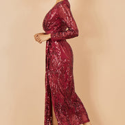 Yumi Red Sequin Midi Wrap Dress with Split Hemline and Long Sleeves