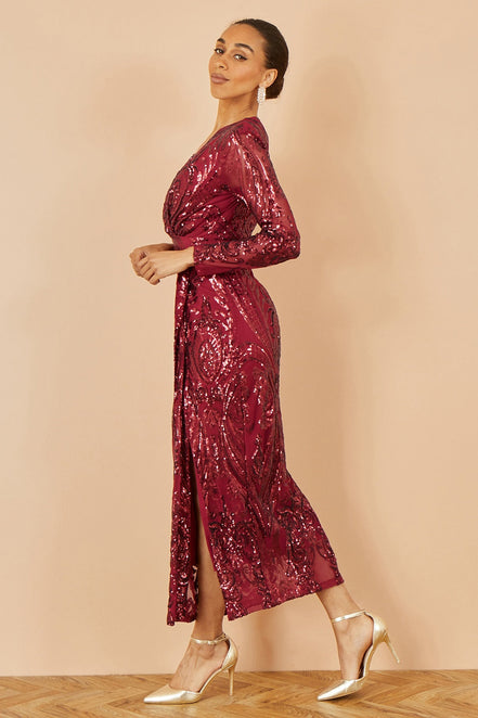 Yumi Red Sequin Midi Wrap Dress with Split Hemline and Long Sleeves