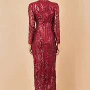 Yumi Red Sequin Midi Wrap Dress with Split Hemline and Long Sleeves