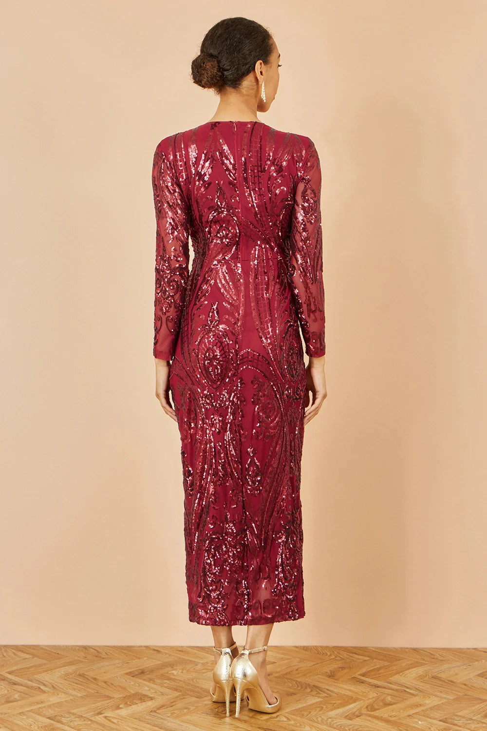 Yumi Red Sequin Midi Wrap Dress with Split Hemline and Long Sleeves