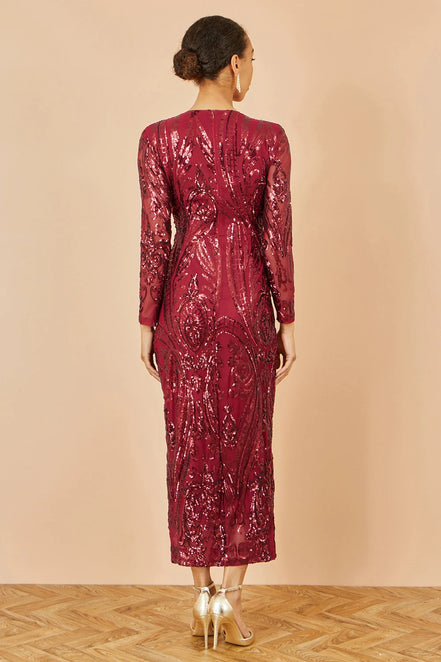 Yumi Red Sequin Midi Wrap Dress with Split Hemline and Long Sleeves