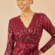 Yumi Red Sequin Midi Wrap Dress with Split Hemline and Long Sleeves
