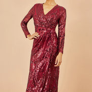 Yumi Red Sequin Midi Wrap Dress with Split Hemline and Long Sleeves
