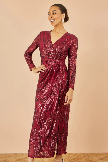 Yumi Red Sequin Midi Wrap Dress with Split Hemline and Long Sleeves