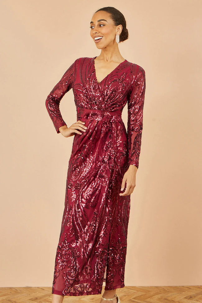 Yumi Red Sequin Midi Wrap Dress with Split Hemline and Long Sleeves