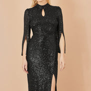 Yumi Black Sequin Fitted Midi Dress with Flute Sleeves