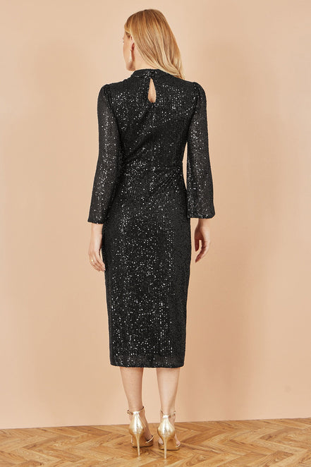 Yumi Black Sequin Fitted Midi Dress with Flute Sleeves