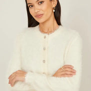 Yumi Ivory Eyelash Knit Cropped Cardigan