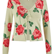 Yumi Green Rose Print Cardigan with Tie Front