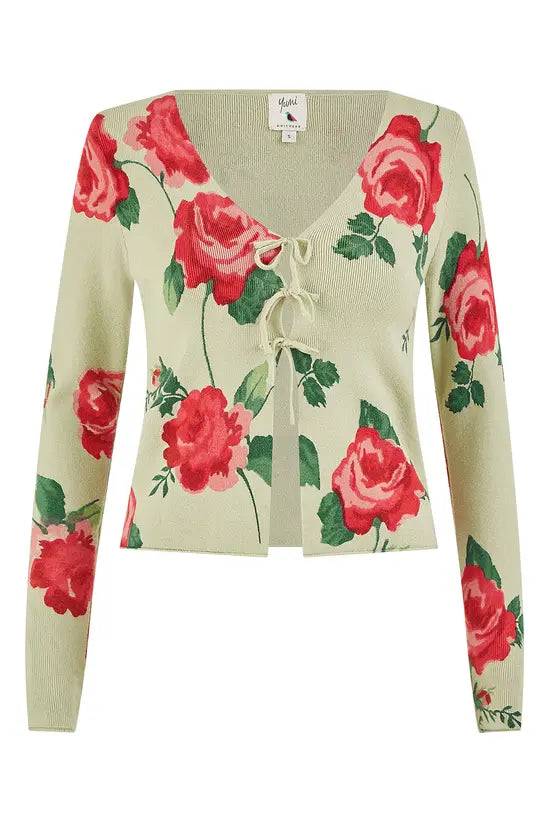 Yumi Green Rose Print Cardigan with Tie Front