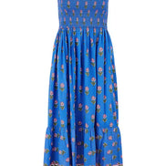 Yumi Blue Strappy Paisley Print Midi Dress with Ruched Bodice