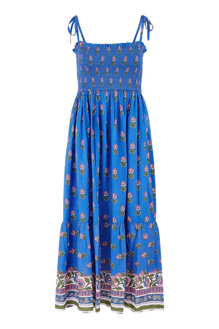 Yumi Blue Strappy Paisley Print Midi Dress with Ruched Bodice
