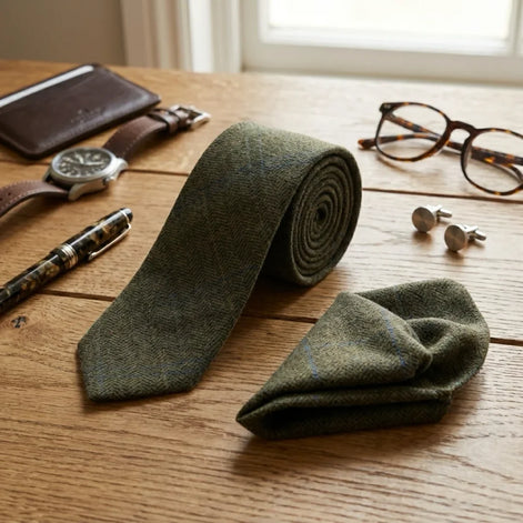 Men's Wool Blend Herringbone Plaid Tweed Tie