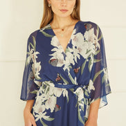 Navy Floral Kimono Sleeves Dip Hem Wrap Midi Dress