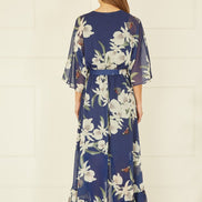 Navy Floral Kimono Sleeves Dip Hem Wrap Midi Dress