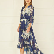 Navy Floral Kimono Sleeves Dip Hem Wrap Midi Dress