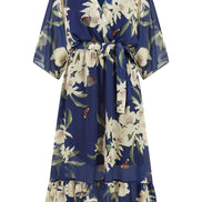 Navy Floral Kimono Sleeves Dip Hem Wrap Midi Dress