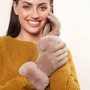 Louche Emer Faux Suede And Fur Cuffed Touch Screen Gloves - Stone