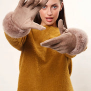 Louche Emer Faux Suede And Fur Cuffed Touch Screen Gloves - Stone