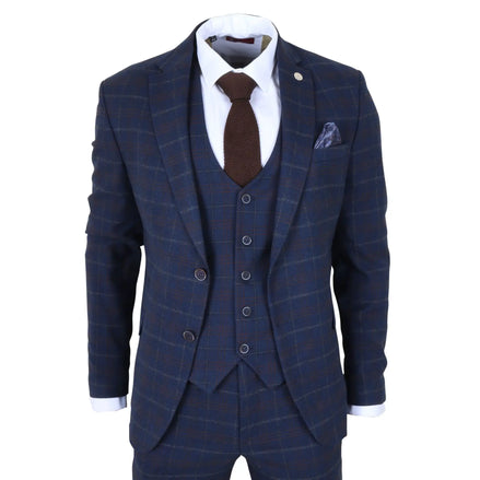 TP-34 - Men's 3 Piece Navy Plaid Check Tailored Fit Suit