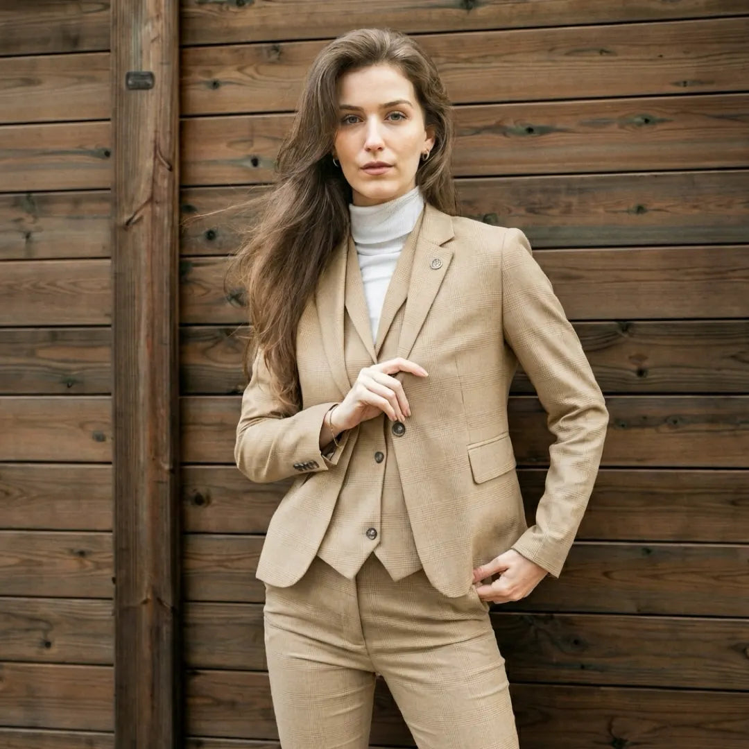 TPW-54 - Women's Cream 3 Piece Prince of Wales Check Suit