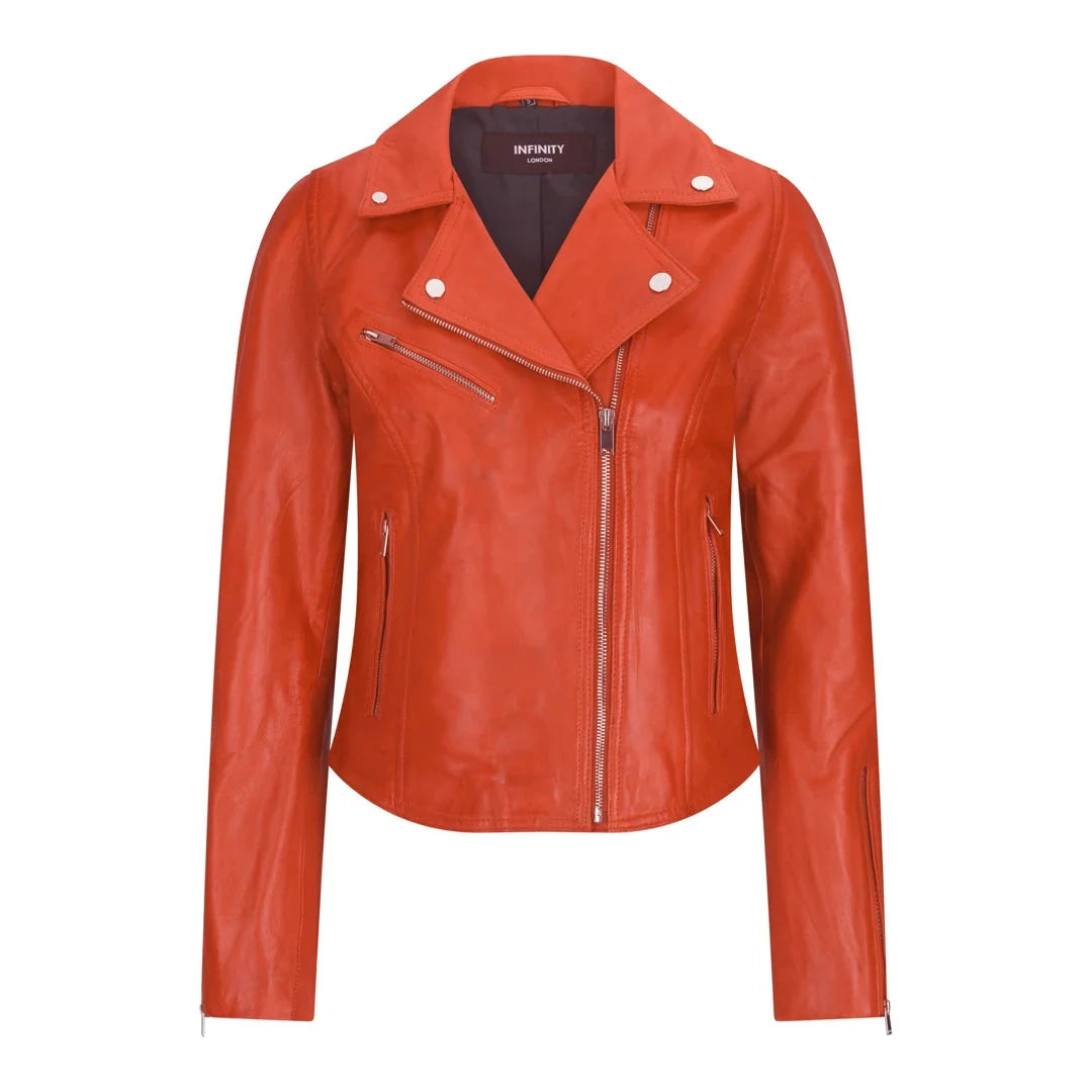 Women's Leather Biker Jacket Cross Zip Tan Brown Black Red Yellow
