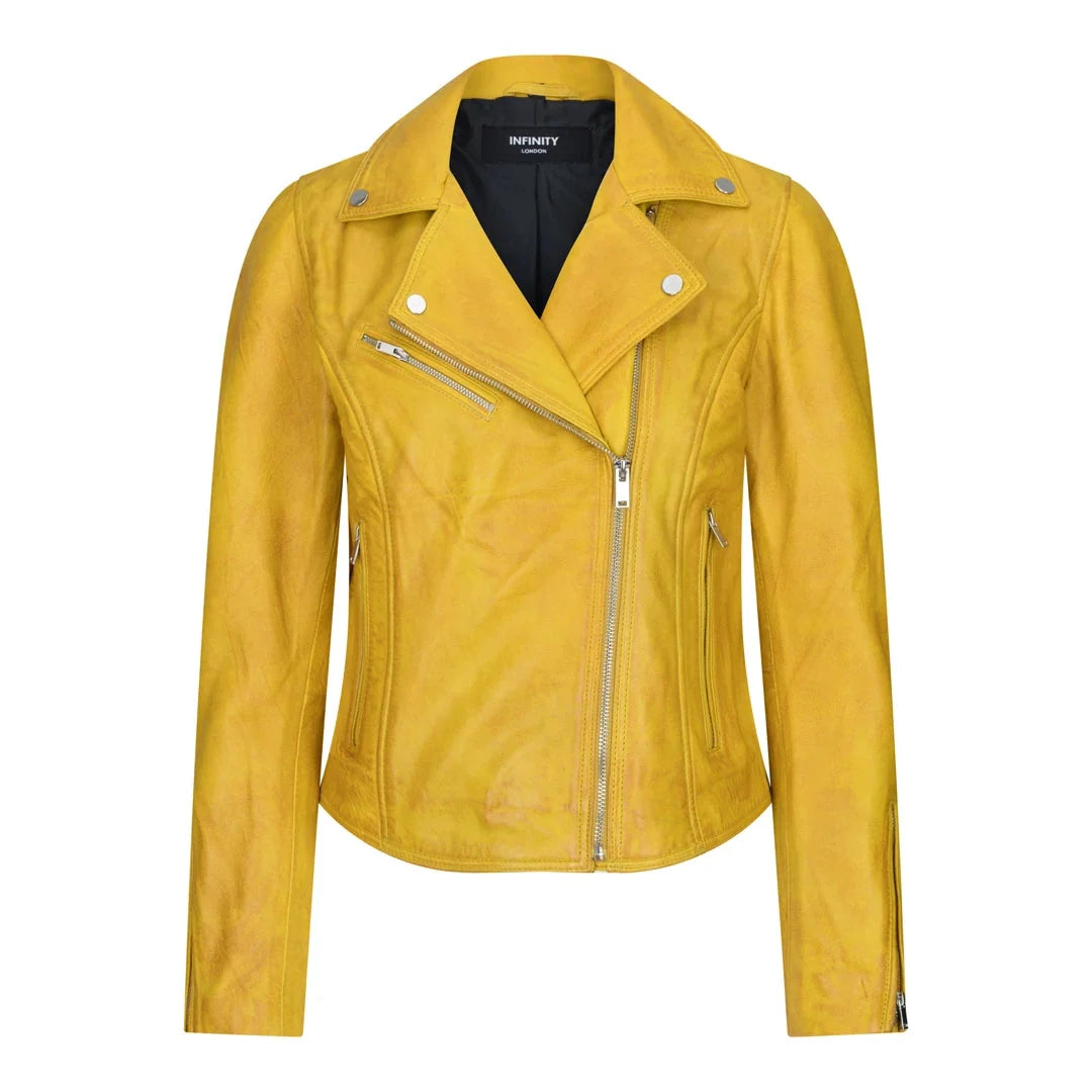 Women's Leather Biker Jacket Cross Zip Tan Brown Black Red Yellow