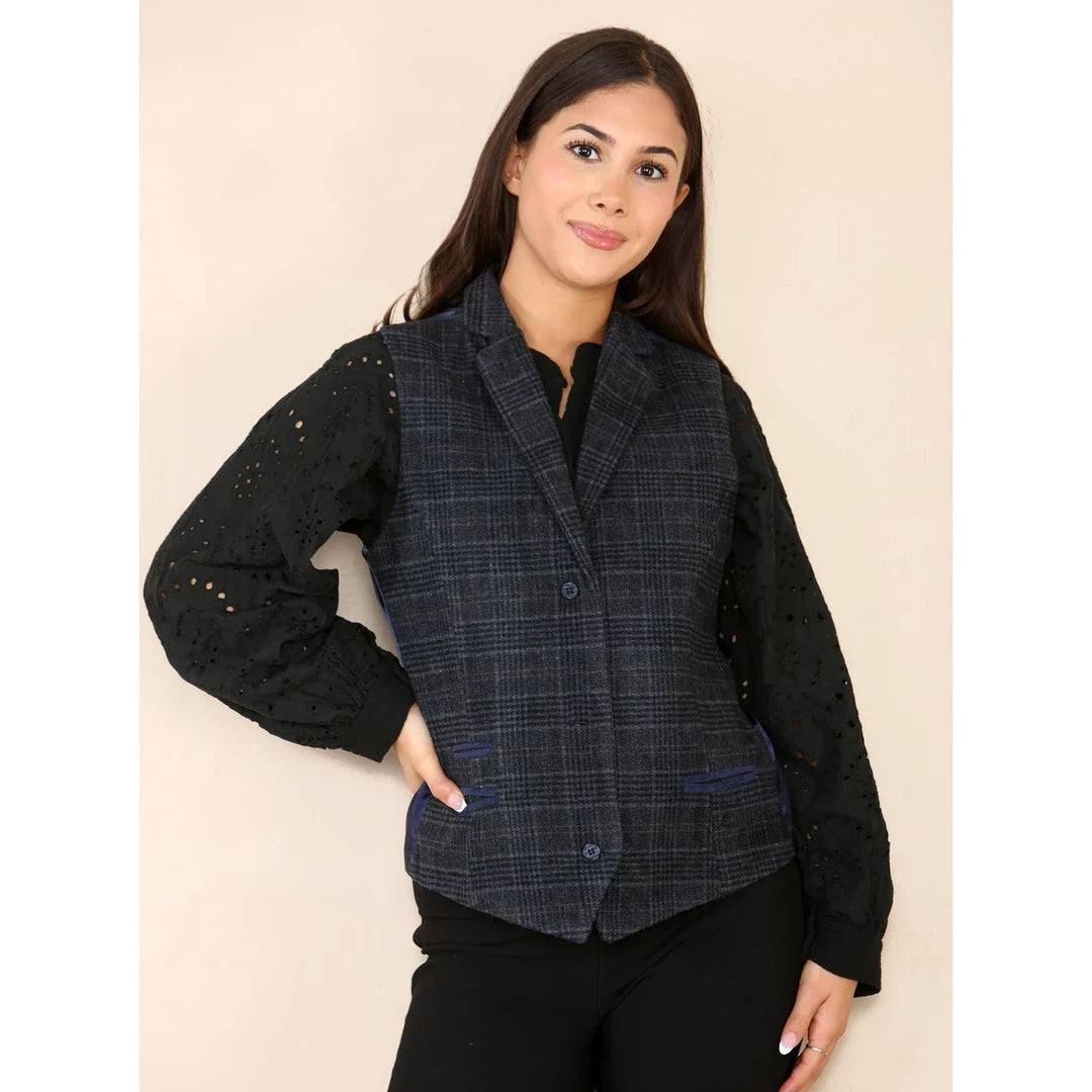 Women's Tweed Check Waistcoat Blazer Blue Suit