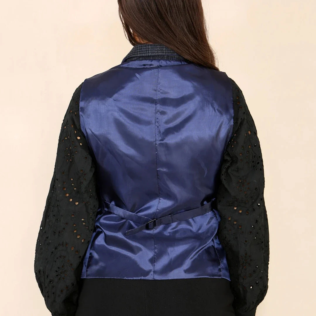 Women's Tweed Check Waistcoat Blazer Blue Suit