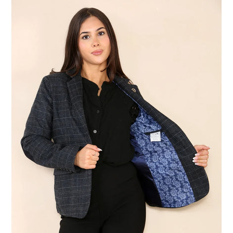 Women's Tweed Check Waistcoat Blazer Blue Suit