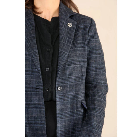 Women's Tweed Check Waistcoat Blazer Blue Suit