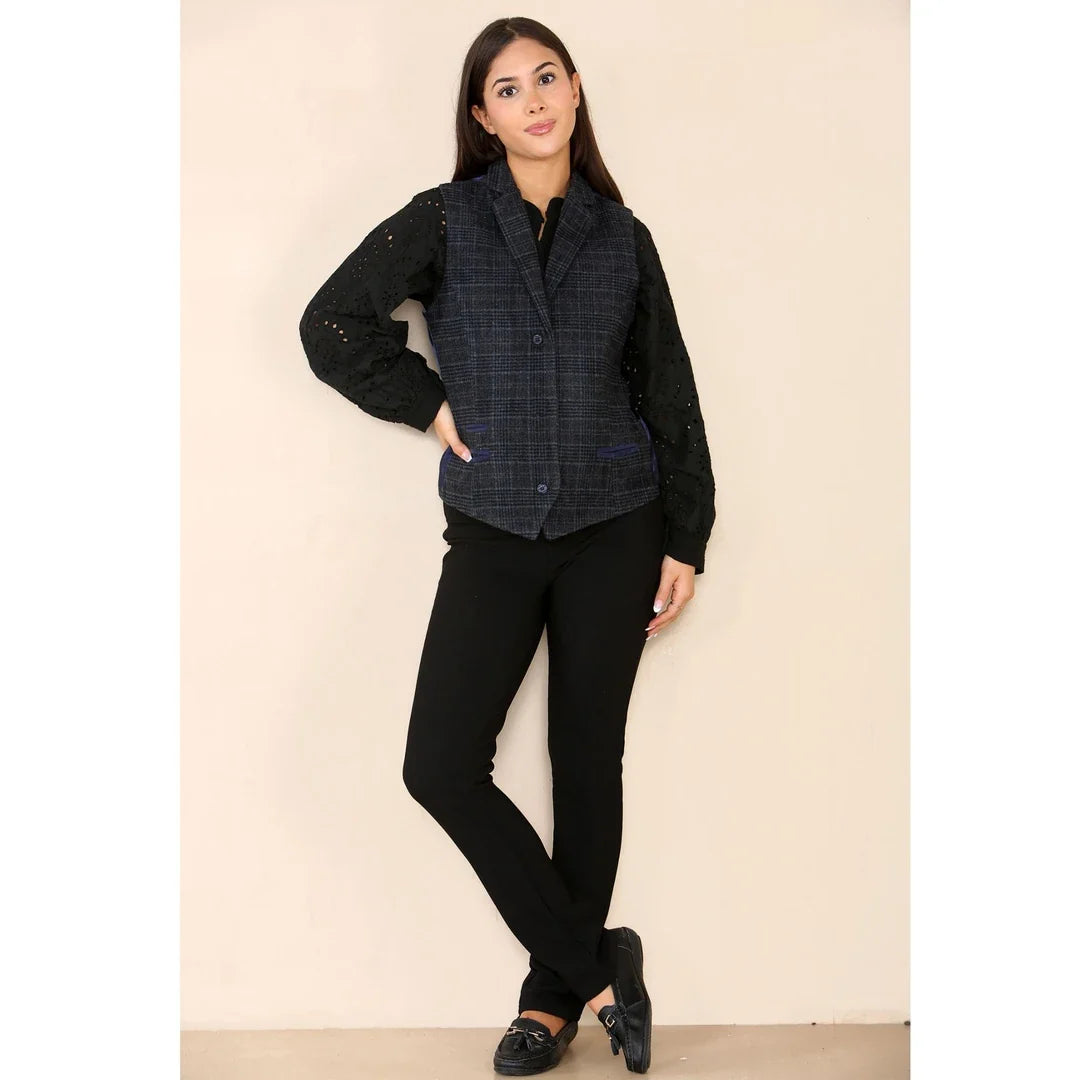 Women's Tweed Check Waistcoat Blazer Blue Suit