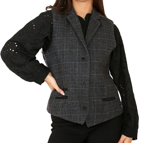 Women's Tweed Check Waistcoat Blazer Grey Suit