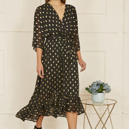 Yumi Black Foil Print Wrap Over Dip Hem Midi Dress