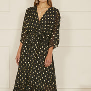 Yumi Black Foil Print Wrap Over Dip Hem Midi Dress