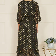 Yumi Black Foil Print Wrap Over Dip Hem Midi Dress