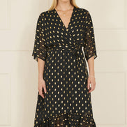 Yumi Black Foil Print Wrap Over Dip Hem Midi Dress