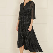 Yumi Black Sequin Kimono Midi Wrap Dress