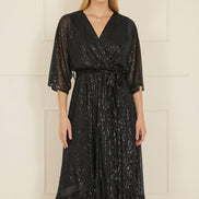 Yumi Black Sequin Kimono Midi Wrap Dress