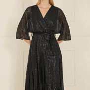 Yumi Black Sequin Kimono Midi Wrap Dress