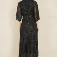 Yumi Black Sequin Kimono Midi Wrap Dress