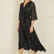 Yumi Black Sequin Kimono Midi Wrap Dress