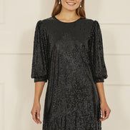 Yumi Black Sequin Tunic Dress with Balloon Sleeves