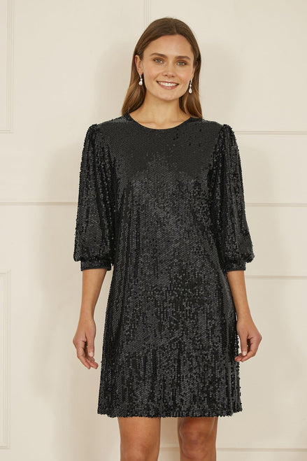 Yumi Black Sequin Tunic Dress with Balloon Sleeves