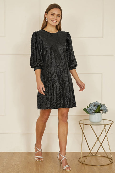 Yumi Black Sequin Tunic Dress with Balloon Sleeves