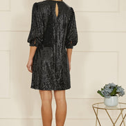 Yumi Black Sequin Tunic Dress with Balloon Sleeves