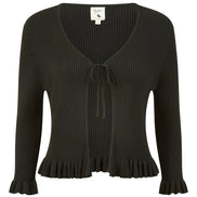 Yumi Black Tie Up Ribbed Cardigan with Frill Hem